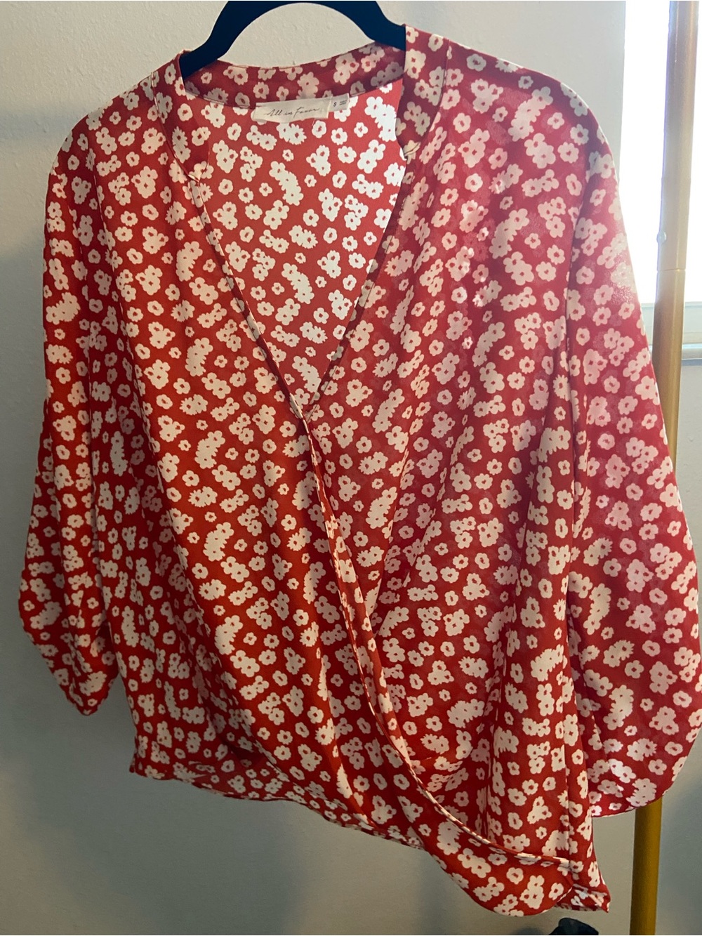 All in Favor Red Floral Wrap Blouse